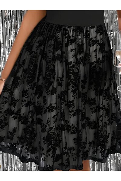 Masspera Bisiklet Yaka Kısa Kollu Tül Flok Baskı Detay Tasarım Elbise