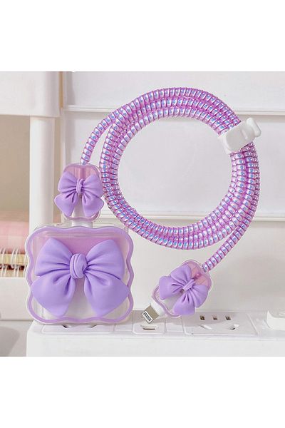 Choice PURPLE 3D BowKnot Soft Silicone Charger Case For iPhone 13 14 Pro 11 12 18w 20w Charger Head Protect
