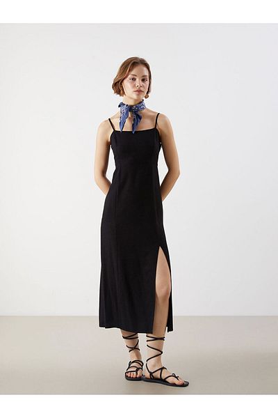 LC Waikiki Rochie de damă din amestec de in cu guler pătrat de sezon nou - S5OT65Z8