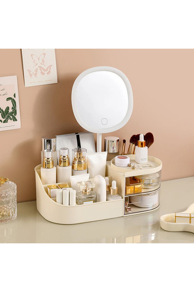 Choice صندوق تخزين مكياج أصفر مع مرآة مقاس 26.5 × 14.5 × 10 سم مع مرآة وطاولة زينة سطح المكتب