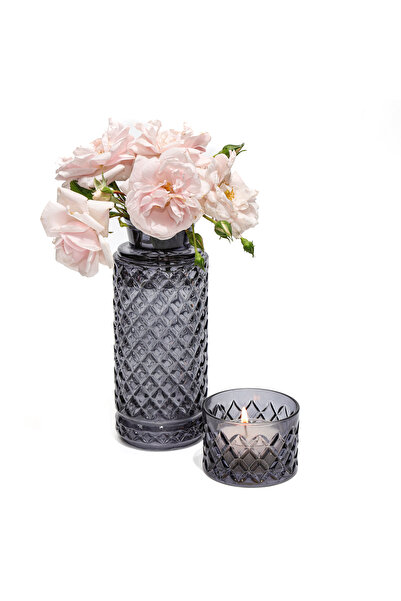 Trilya Antrasit Cam Kristal Vazo,mum Ve Mumluk Seti