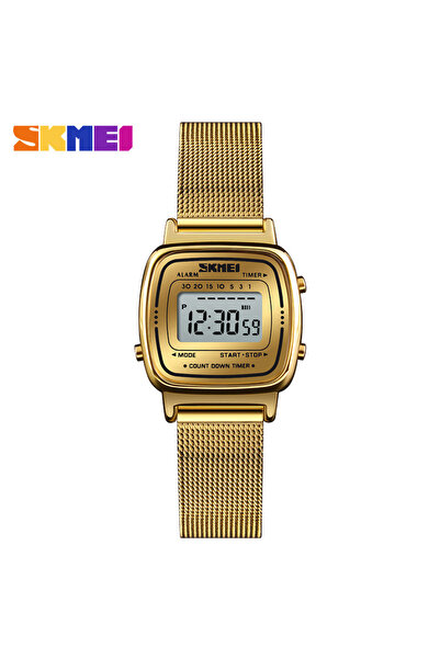 Skmei ساعة يد رقمية صغيرة شبكية ذهبية اللون، ساعة رياضية أنيقة للنساء، أفضل العلامات التجارية الفاخرة، مقاومة للماء 3 بار