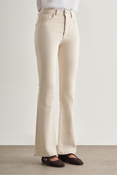 Mizalle Skinny Fit Flare Paça Ekru Denim Pantolon