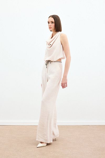 Sateen Knitted Belted Trousers - Beige