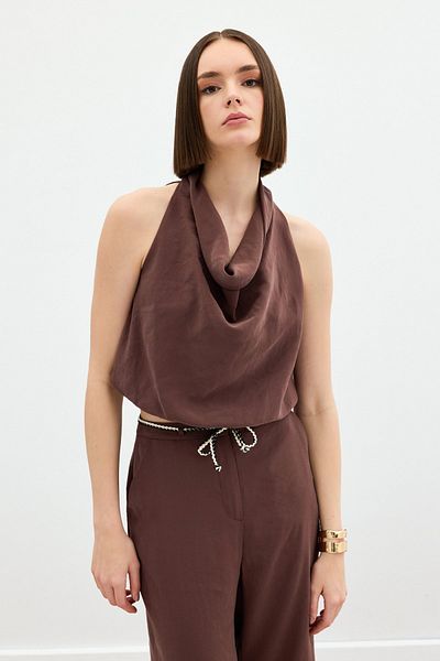 Sateen Degaje Collar Blouse - Brown