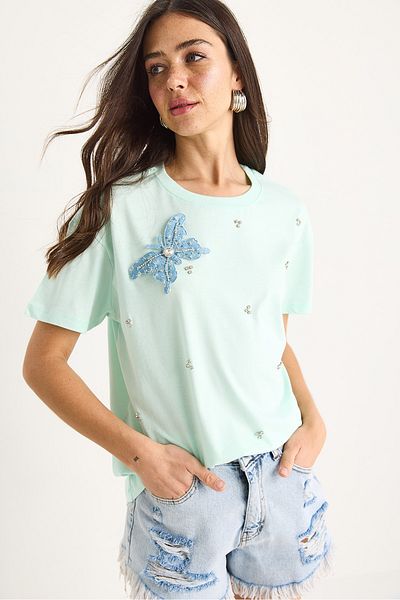 Bianco Lucci Women's Butterfly Accessory Stone Embroidered Short Sleeve T-Shirt 60602036