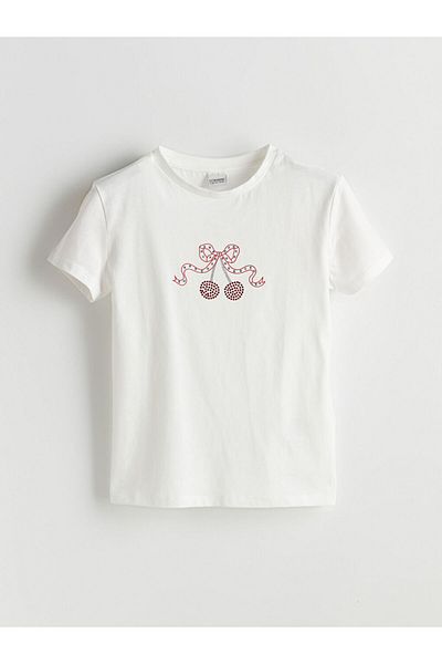 LC Waikiki Ecru Crew Neck Stone Girl's T-Shirt
