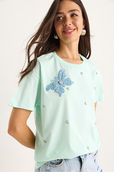 Bianco Lucci Women's Butterfly Accessory Stone Embroidered Short Sleeve T-Shirt 60602036
