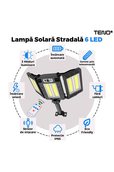 Teno Lampa Solara Stradala 6 LED-uri Teno®, 3 capete, protectie IP65, Waterproof, exterior, negru