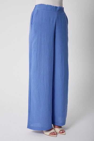 AMİDA Women's Blue Muslin Linen High Waist Palazzo Trousers - 2522