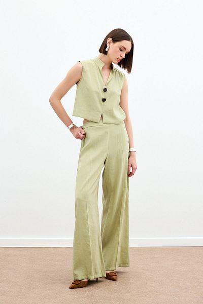 Sateen High Waist Linen Trousers - Oil Green