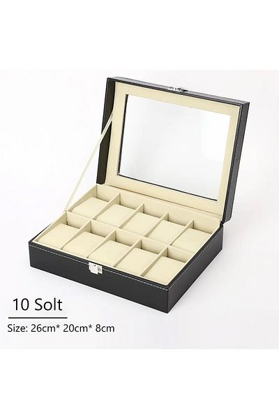 CAOWTAN 10 Solts Hot Sale PU Leather Display Storage Collection Organizer watch box Case With Glass Top Slot
