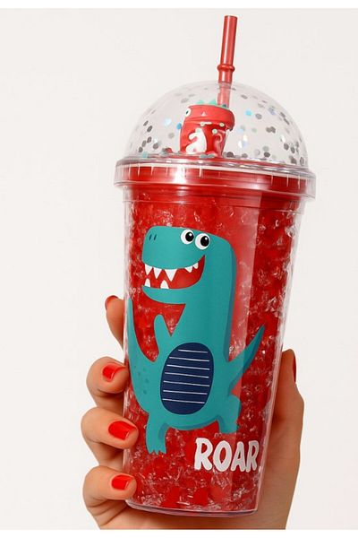 Deco Elit Led Lighted Water Bottle Frosted Glass Look with Straw 450 ml Double Layer Mica 2097 Red