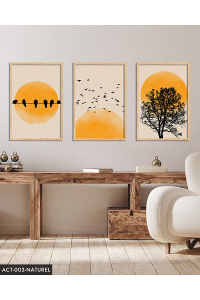 Evinemoda Abstract Nature Tree Birds Sun 3 Piece Wooden Framed Painting Act