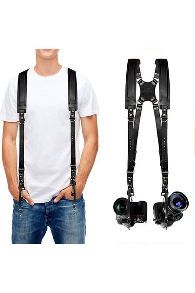 PYKA HOME SHOP Double camera harness, made of eco-leather, adjustable