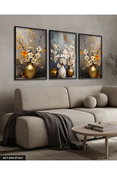 Evinemoda Flowers in a VaseKI Πίνακας 3 τεμαχίων με μαύρο ξύλινο πλαίσιο ACT