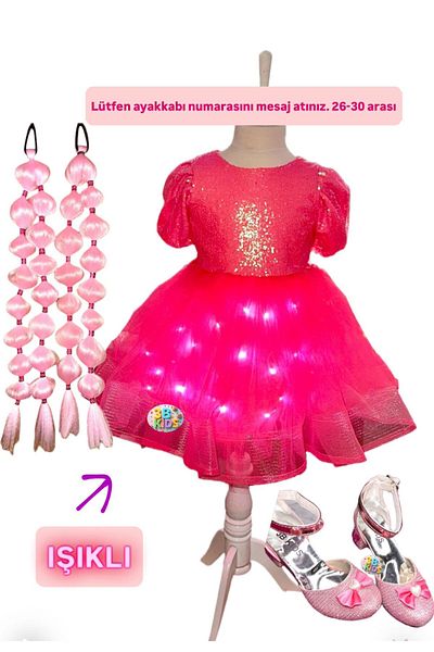 3b kids Sequined Pink Light Dress Costume+Pink Bubble Hair+Pink Heels Shoes Set Party Feast
