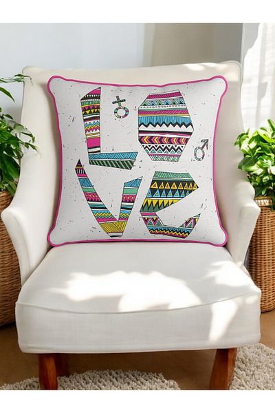 ASDİVA Colorfull Love Pattern Piping Velvet Throw Pillow Case 43X43 cm - Decorative Pillow Case