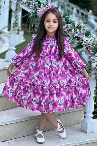 Riccotarz Girl's Floral Embroidered Pleated Pink Dress with Ruffle Detail at the Collar and Shoulders