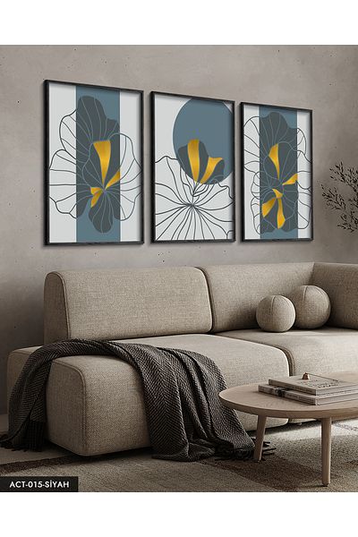 Evinemoda Drawing Flowers 3 Piece Black Wooden Framed Painting Act