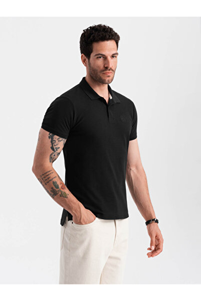 OMBRE Pánské jednobarevné polo tričko BASIC z piké úpletu - černé V1 OM-POBS-0100 M