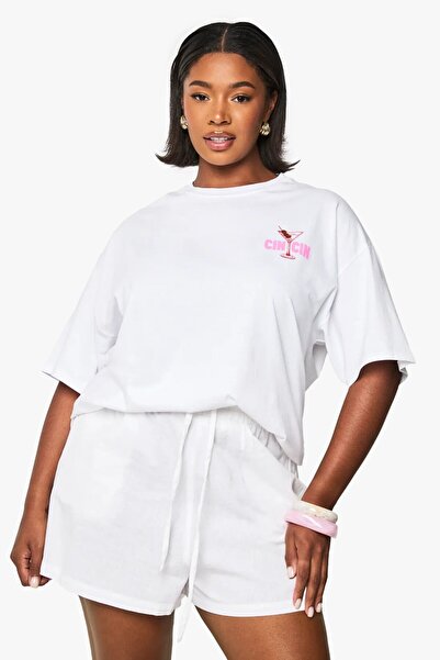 GIA - ART Plus Size Women's T-Shirt 100% Cotton White Oversize Summer Cin Cin Cocktail Glass Printed