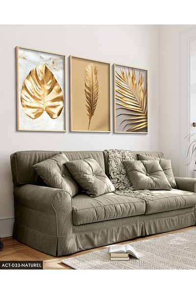 Evinemoda Gold Leaf Feather 3 Piece Wooden Framed Painting Act