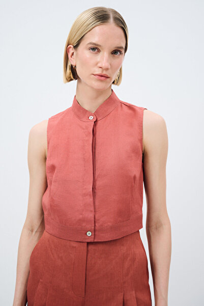 adL Pileli Keten Crop Bluz