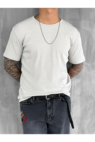 ablukaonline Ανδρικό Slim Fit Corded Basic Stretchy T-Shirt Πέτρινο χρώμα