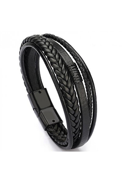 OEM Brățară bărbătească din piele naturală cu șiraguri multiple, închidere magnetică, culoare neagră