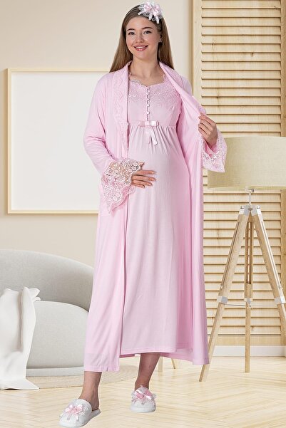 By Mecit Pijama Women's Long Sleeve Lace Long Dress Maternity Nightgown Set