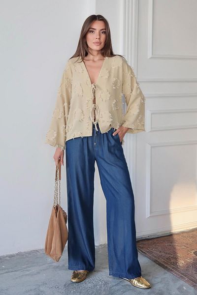 Olcay Lace Closure Tassel Patterned Shirt Light Green 9360