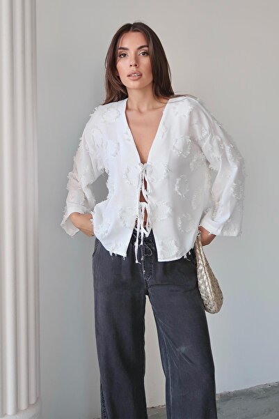 Olcay Lace Closure Tassel Patterned Shirt White 9360