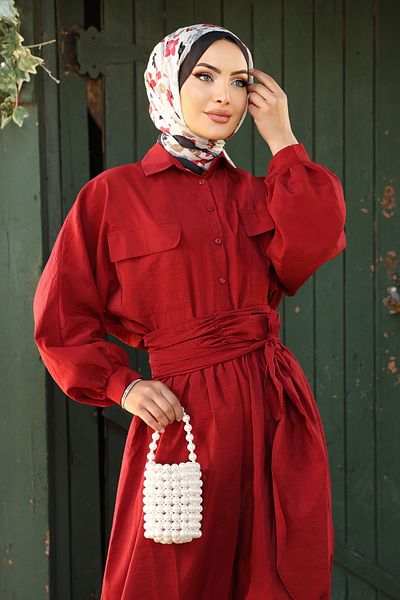 InStyle Double Pocket Balloon Sleeve Red Skirt Suit