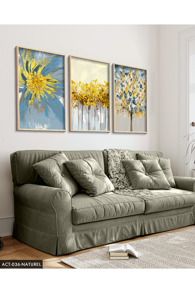 Evinemoda Mavi Çiçek Sulu Boya Görünümlü 3 Parça Ahşap Çerçeveli Tablo ACT