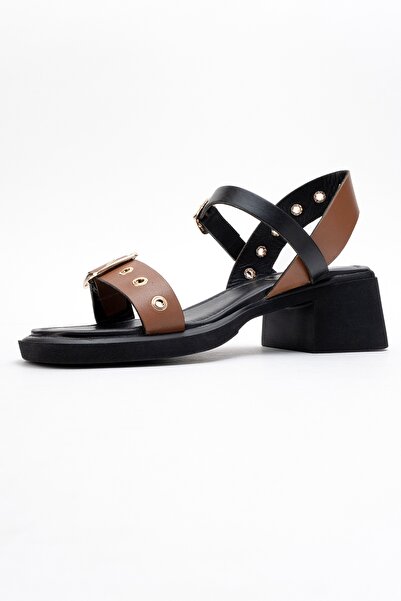 LuviShoes Rabel Black-Tan Genuine Leather Buckle Women's Thick Heeled Sandals