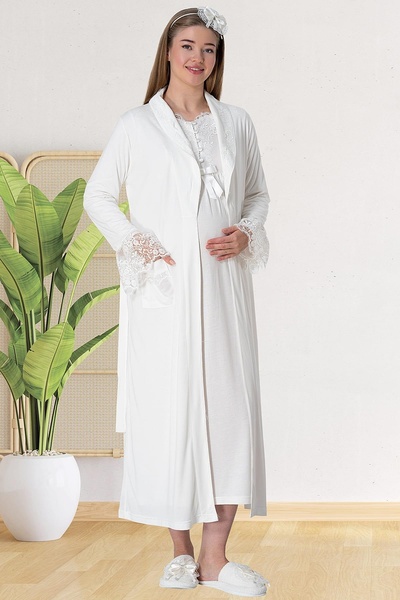 By Mecit Pijama Women's Long Sleeve Lace Long Dress Maternity Nightgown Set