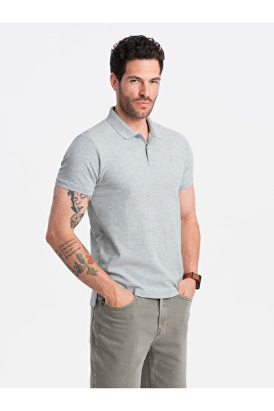 OMBRE Pánské jednobarevné polo tričko BASIC z piké úpletu - šedé V20 OM-POBS-0100 S