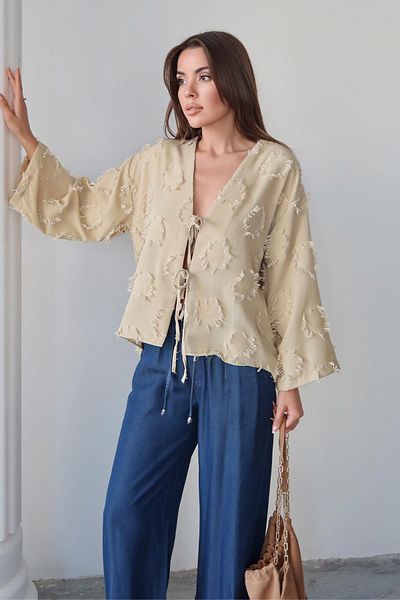 Olcay Lace Closure Tassel Patterned Shirt Light Green 9360