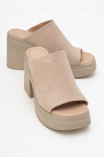 LuviShoes Γυναικείες παντόφλες με τακούνι NOLA Beige Suede από γνήσιο δέρμα