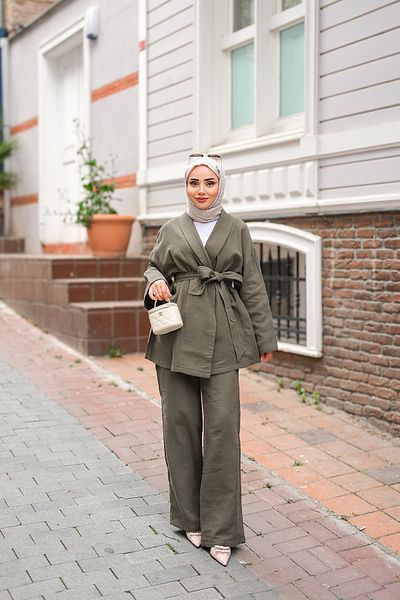 LOCCO Women's Waist Tied Muslin Suit Khaki Green