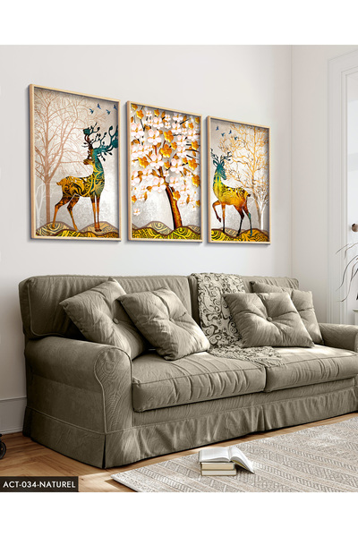 Evinemoda Renkli Geyik, Renkli Ağaç 3 Parça Ahşap Çerçeveli Tablo ACT