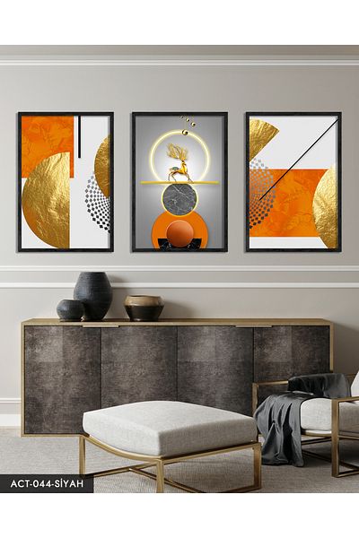 Evinemoda Auriu, cerb, geometrie, abstract, neon 3 piese pictură neagră cu cadru din lemn ACT