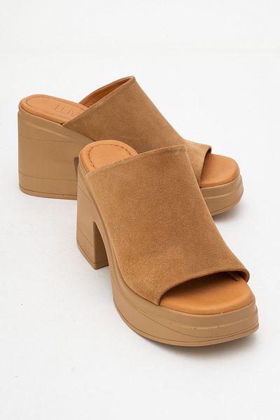 LuviShoes Nola Tan Suede Genuine Leather Women's Platform Heeled Slippers