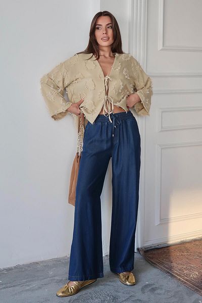 Olcay Lycosel Pants with Lace-Up Comfortable Cut Dark Blue 7585