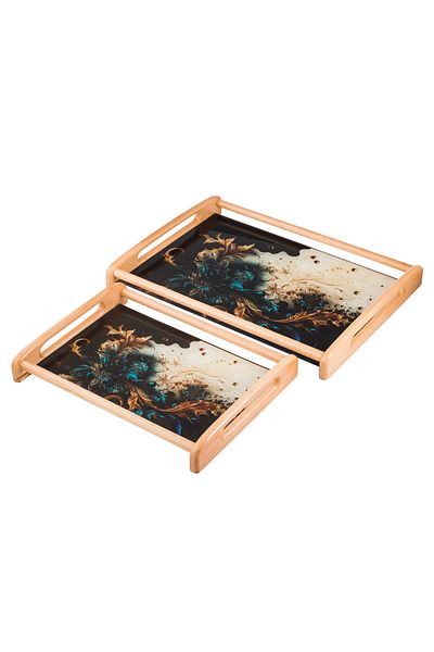 casa rosa Wooden tray set of 2 pieces , with colored modern glass floor