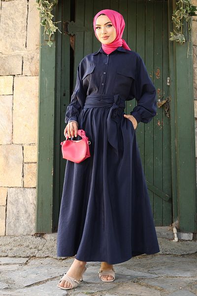 InStyle Double Pocket Balloon Sleeve Navy Blue Skirt Suit