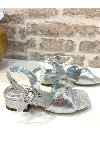 ROSE SHOES KİDS Elegant Pearl Shiny Heel Shoes Silver