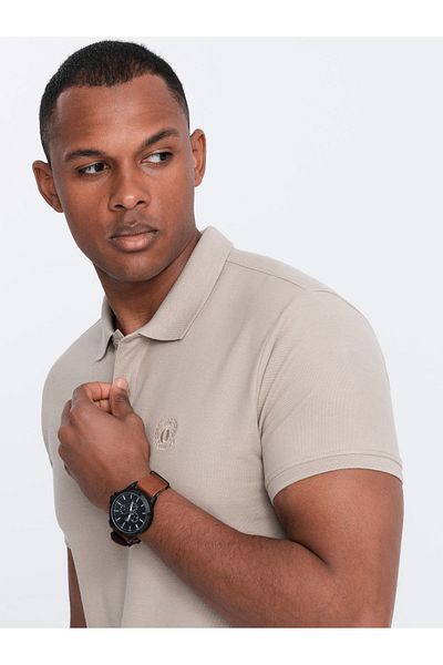 OMBRE BASIC Herren-Poloshirt aus einfarbigem Piqué-Strick - Dunkelbeige V5 OM-POBS-0100 XL