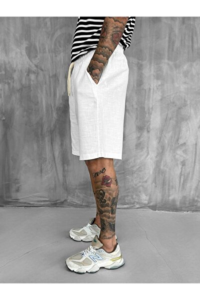 ablukaonline Men's Elastic Waist Linen Look Baggy Shorts Ecru